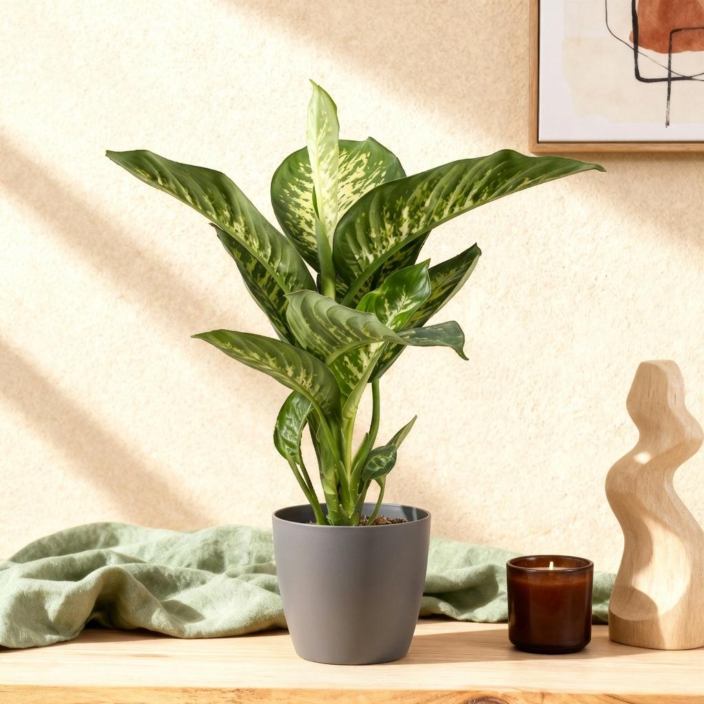 Green boutiQ - Houseplants - Dieffenbachia Tropic Snow - Dieffenbachia - Low maintenance - with Potter Grey - Variegated - 1 Plant - with Potter Grey - Pot 21cm - Height 90-100cm