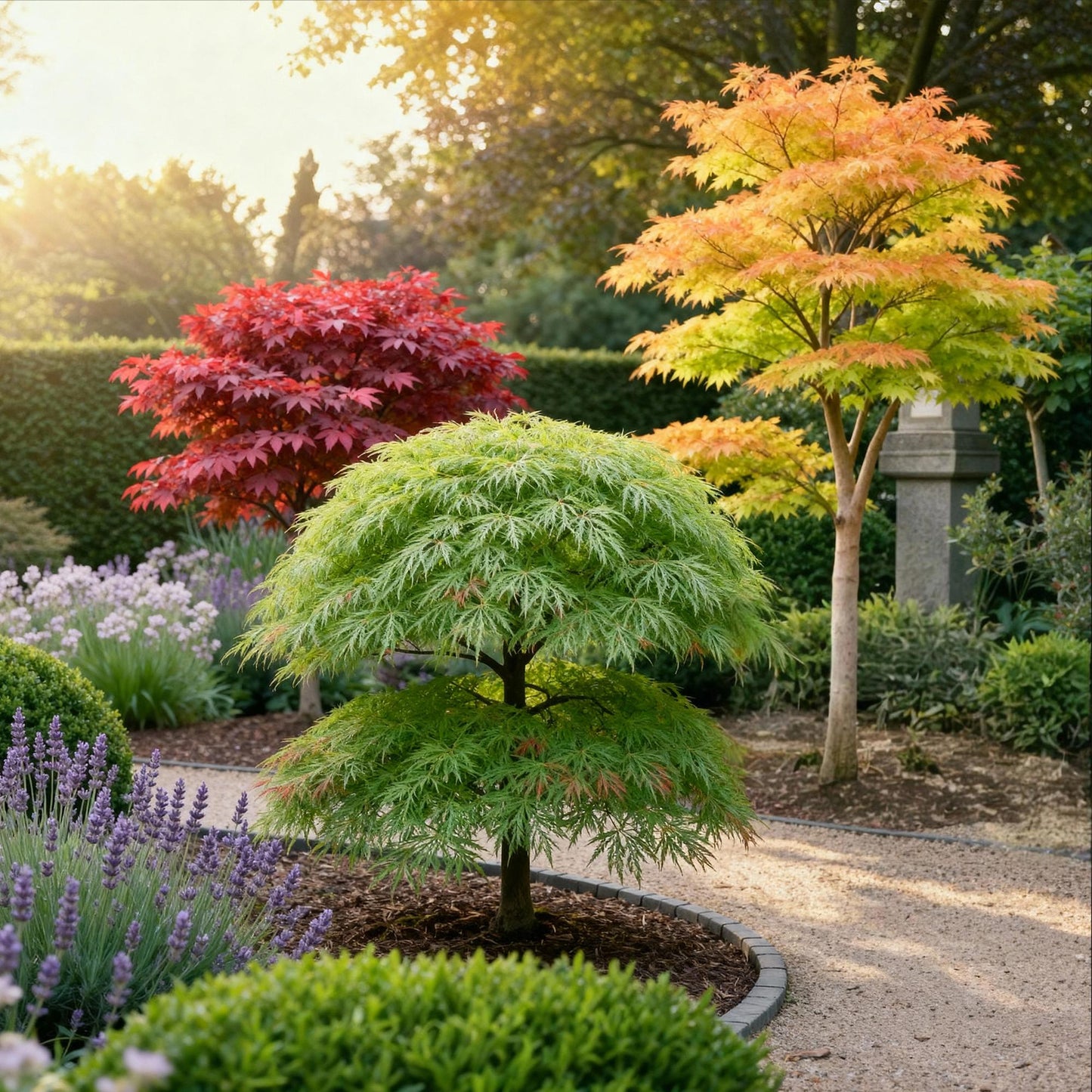 Garden plant - Acer palmatum Tricolour - Red-Green-Orange - 3 Plants - Deciduous - Low Maintenance - Pot 12cm Height 35cm