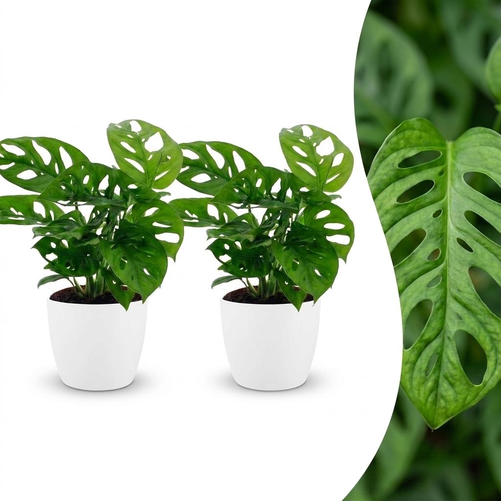 Monstera Adansonii - Rhaphidophora Tetrasperma - 2 Plants - with White Pots - Pot 12cm - Height - 25cm
