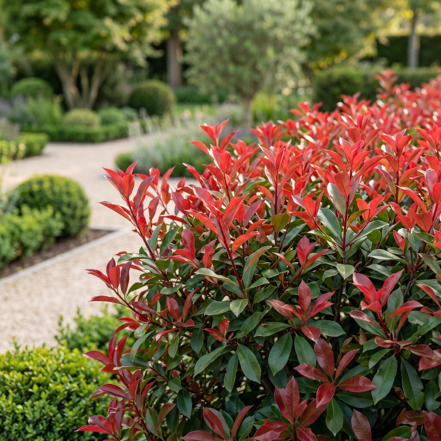 Green boutiQ - 24x Photinia fraseri Carre Rouge - Glossy Mispel - Hedge Plants - Evergreen - Red - Pot 9cm - Height 25-35cm