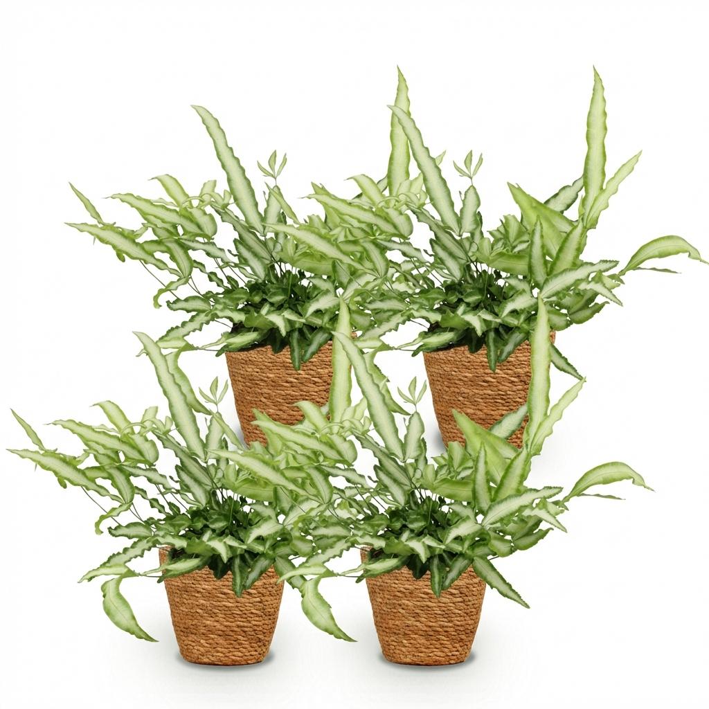 Green boutiQ - Houseplant - Pteris cretica Albolineata - Ribbon Fern - Pet-Friendly Plant - Green - 4 Plants - with Basket - Pot 12cm - Height 20cm
