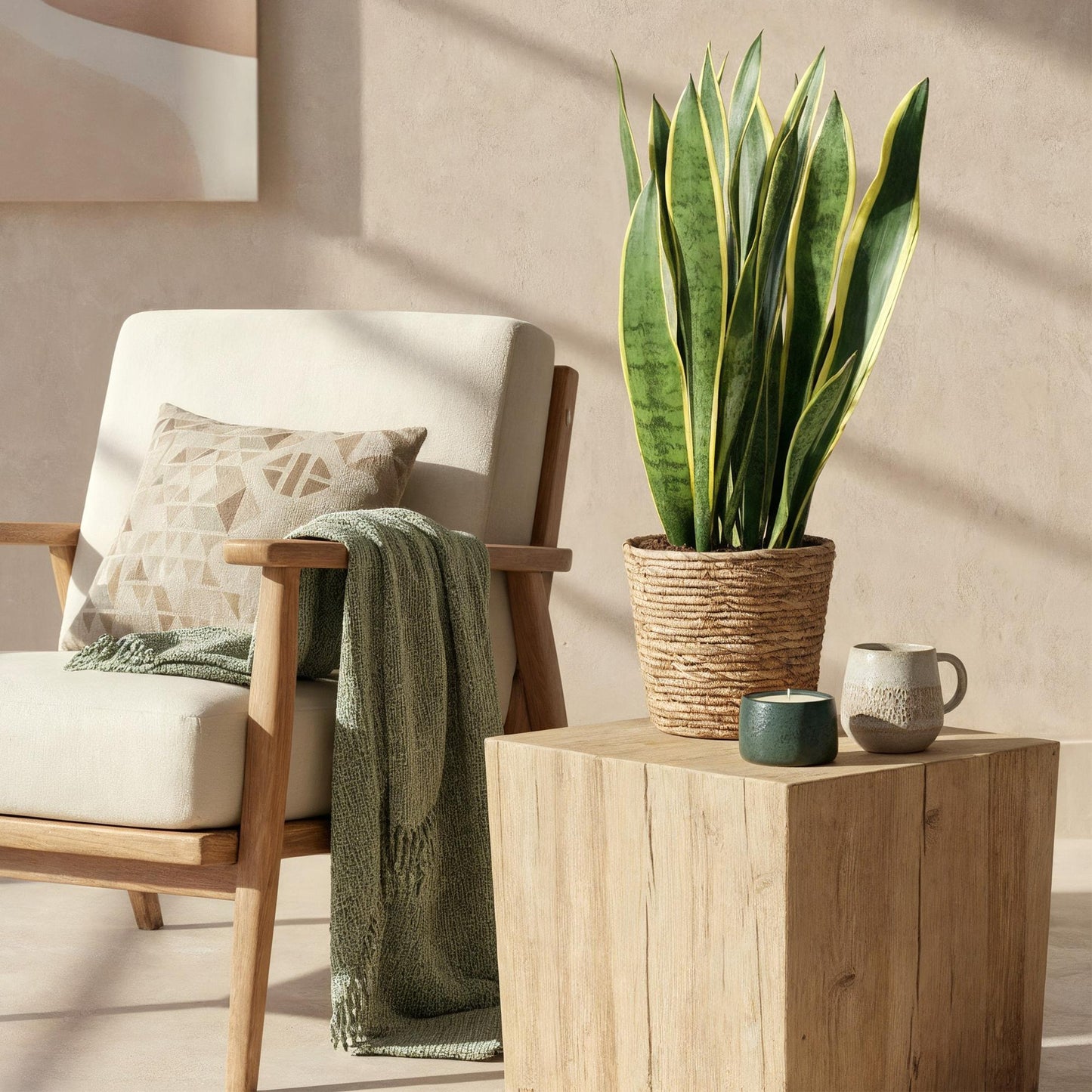 Green boutiQ - Houseplants - Sansevieria Laurentii - Snake Plant - Low maintenance - with basket - Green - yellow - 1 Plant - Pot 21cm - Height 70-80cm