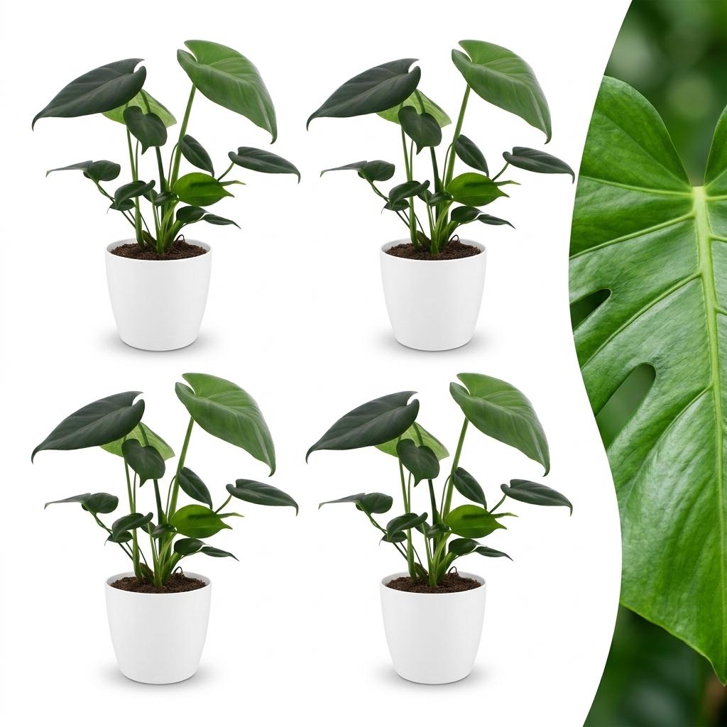 Green boutiQ - Monstera Deliciosa - Swiss Cheese Plant - 4 Plants - with White Pot - Pot 12cm - Height - 30cm