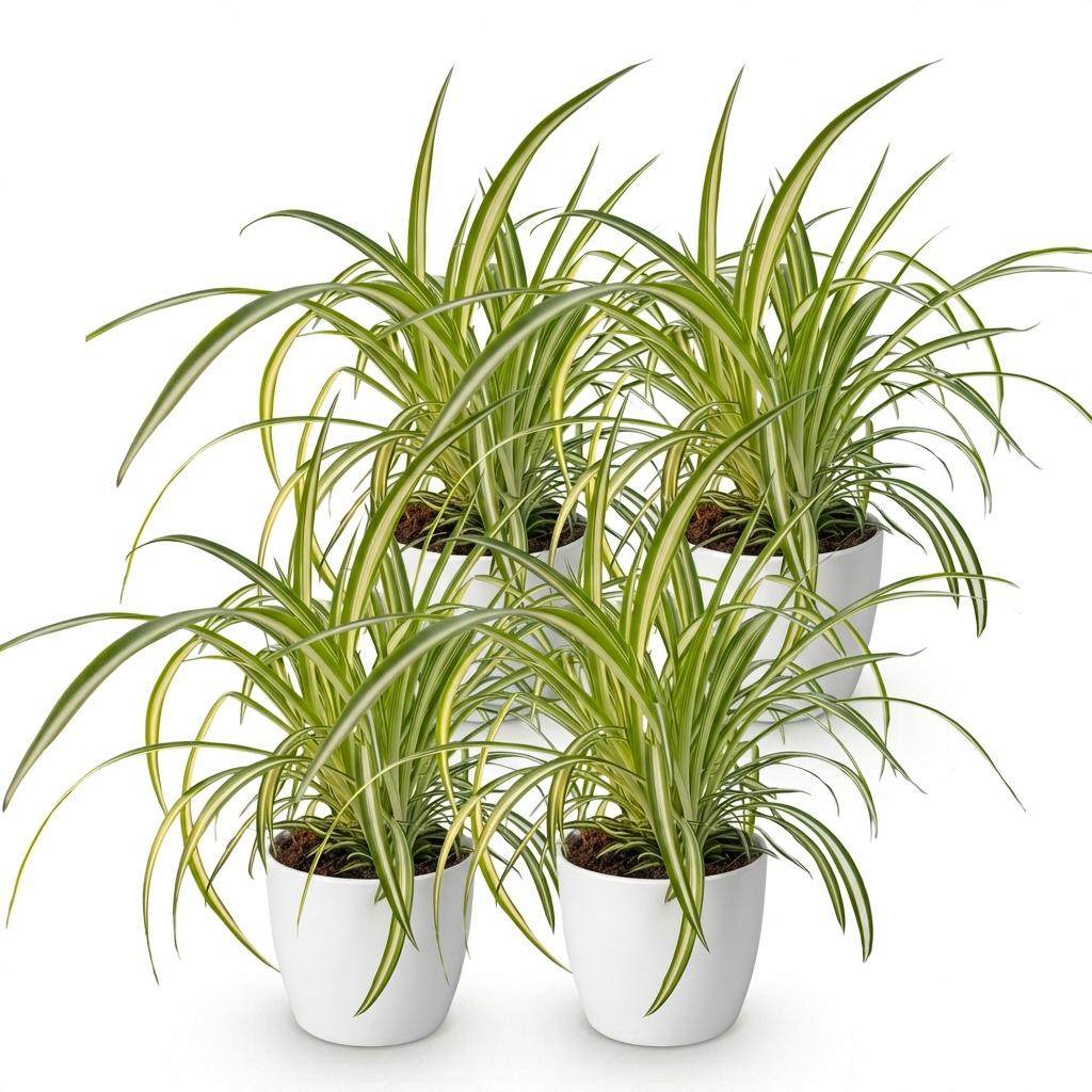 Green boutiQ - House Plant - Chlorophytum comosum Variegatum - Variegated Spider Plant - Pet-Friendly Plant - Green - 4 Plants - with Potter White - Pot 12cm - Height 20cm