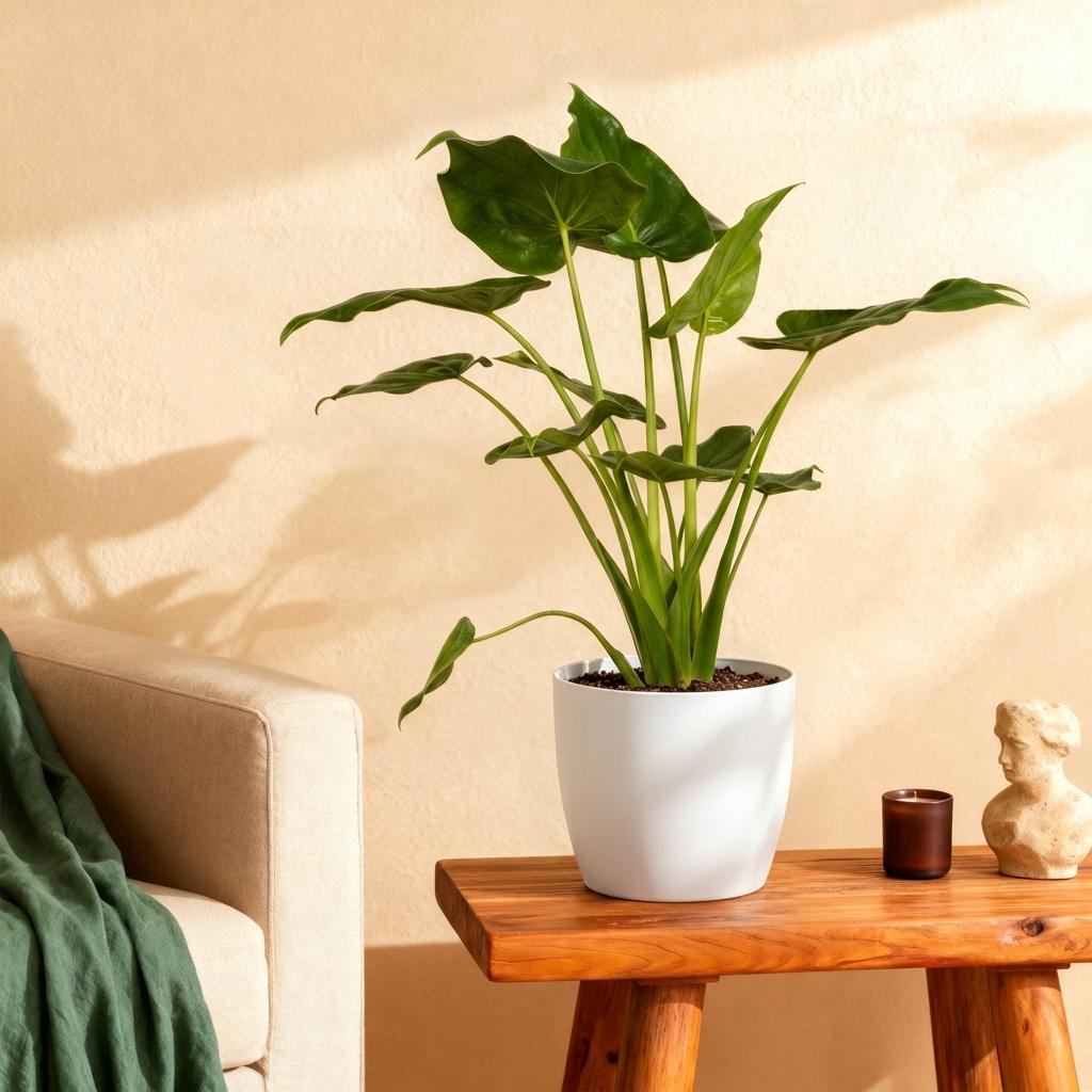 Green boutiQ - Houseplants - Alocasia Cucullata - Buddha's Hand - Low maintenance - Green - 1 Plant - with Potter White - Pot 21cm - Height 65-70cm