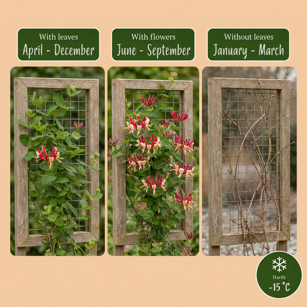 6x Lonicera per. 'Serotina' - Kamperfoelie - Paars - Geel - Klimplant - Ø9cm - ↕35cm