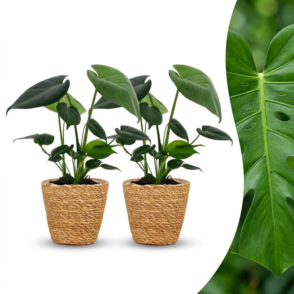 Monstera Deliciosa - Gatenplant - 2 Planten - met Zeegras Mand - Pot 12cm - Hoogte 30cm