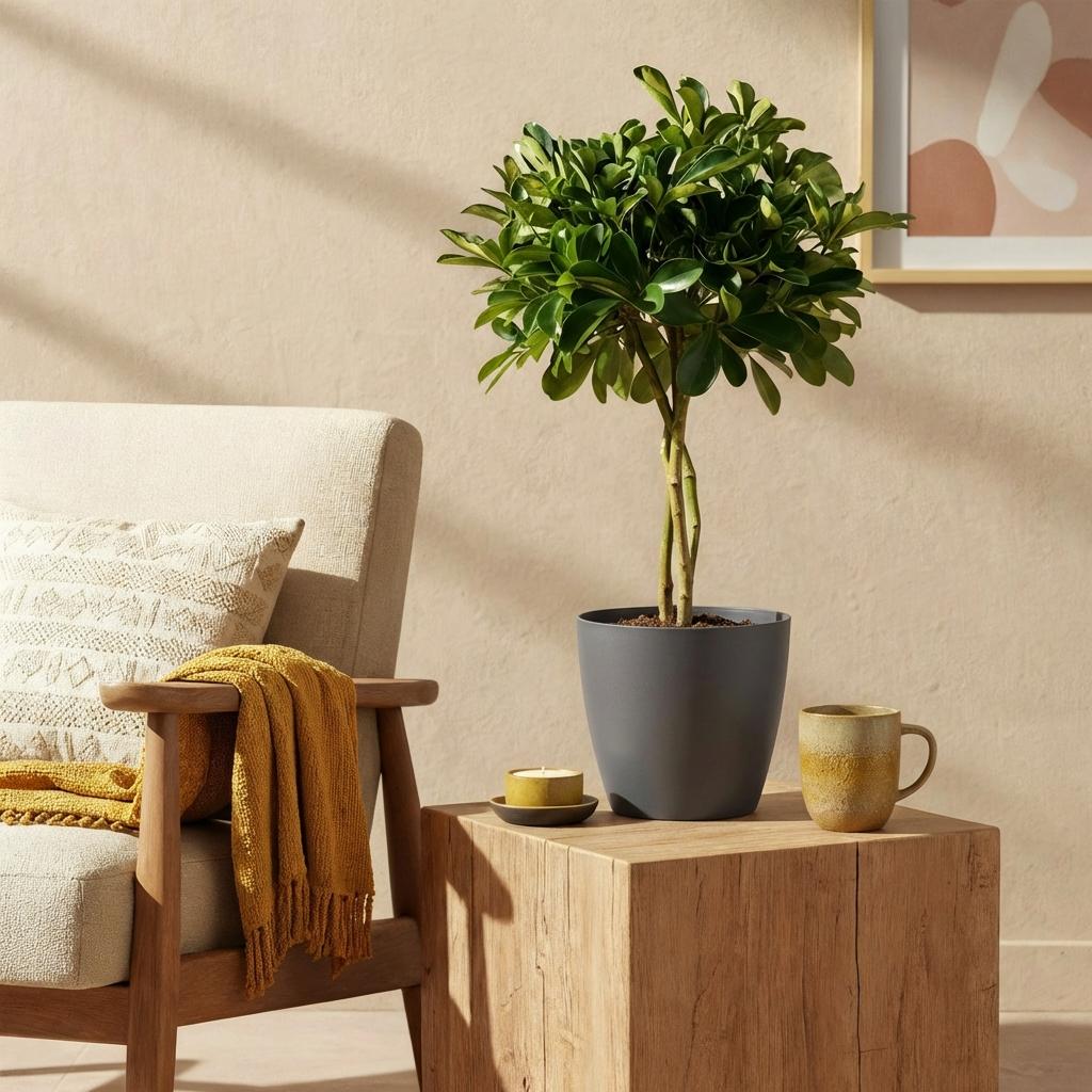 Green boutiQ - House Plants - Schefflera Gold Capelle - Finger Tree - Low Maintenance - Green - Gold - 1 Plant - with Potter Grey - Pot 21cm - Height 70-81cm