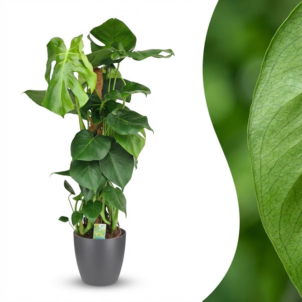 Green boutiQ - Indoor plant - Swiss Cheese Plant - Monstera Deliciosa moss pole - Green - Low maintenance - 1 Plant - with Potter Grey - Pot 19cm - Height 90cm
