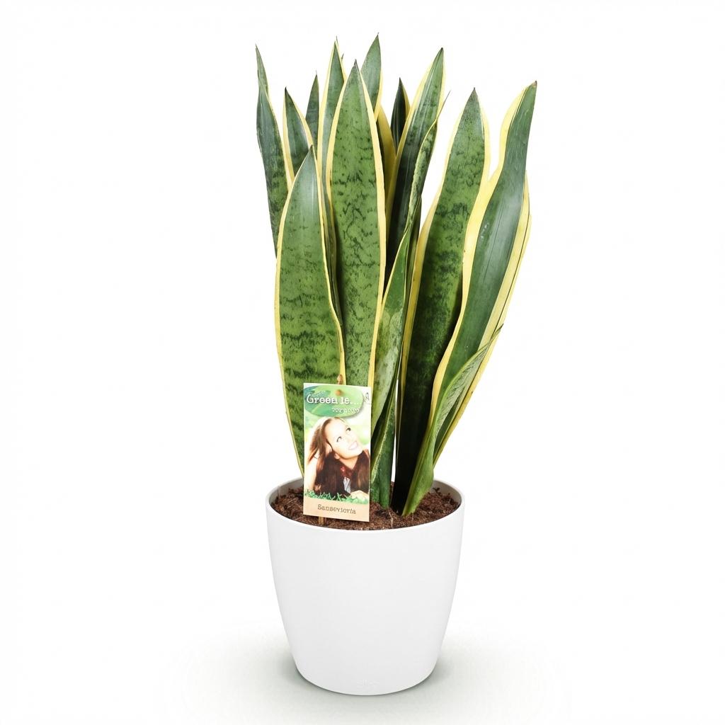 Green boutiQ - Houseplants - Sansevieria Laurentii - Snake Plant - Low maintenance - Green - yellow - 1 Plant - with Potter White - Pot 21cm - Height 70-80cm