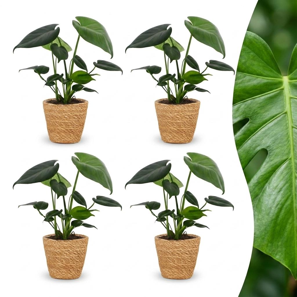 Monstera Deliciosa - Gatenplant - 4 Planten - met Mand - Pot 12cm - Hoogte 30cm