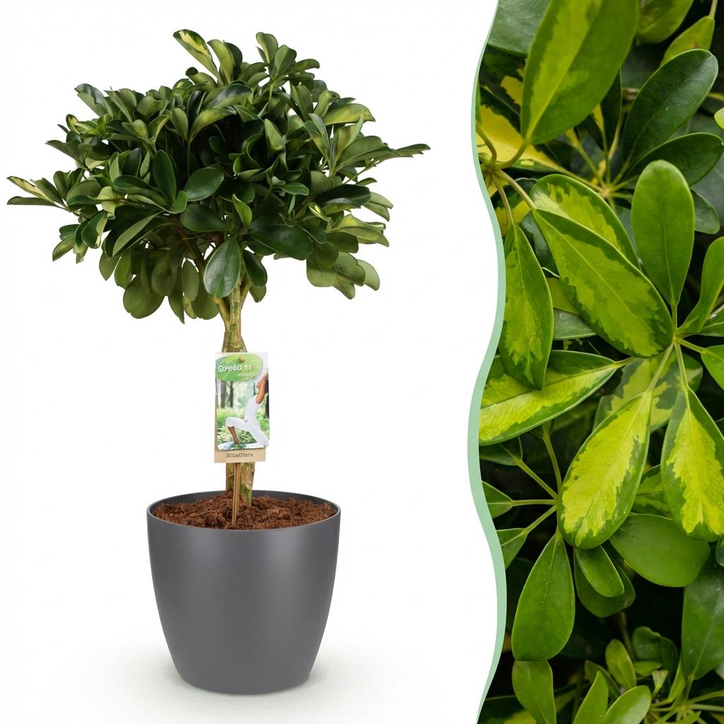 Green boutiQ - House Plants - Schefflera Gold Capelle - Finger Tree - Low Maintenance - Green - Gold - 1 Plant - with Potter Grey - Pot 21cm - Height 70-81cm