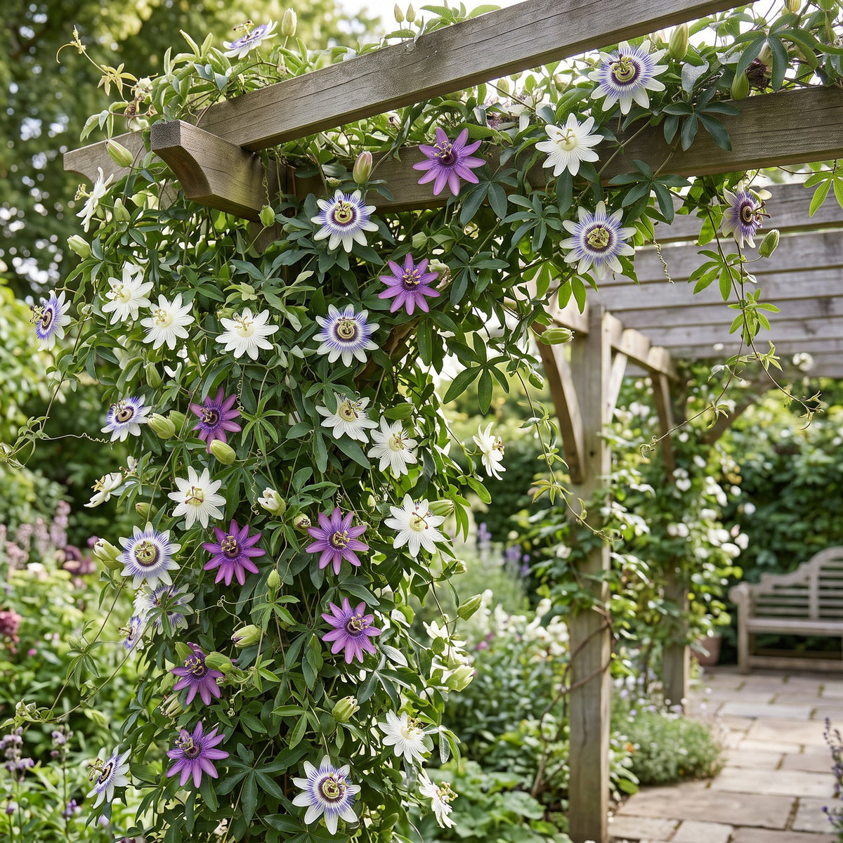 6x Passiflora Tricolour - Tricolor passion flower - White - Purple - Pink - Climbing plant - Ø9cm - ↕35cm