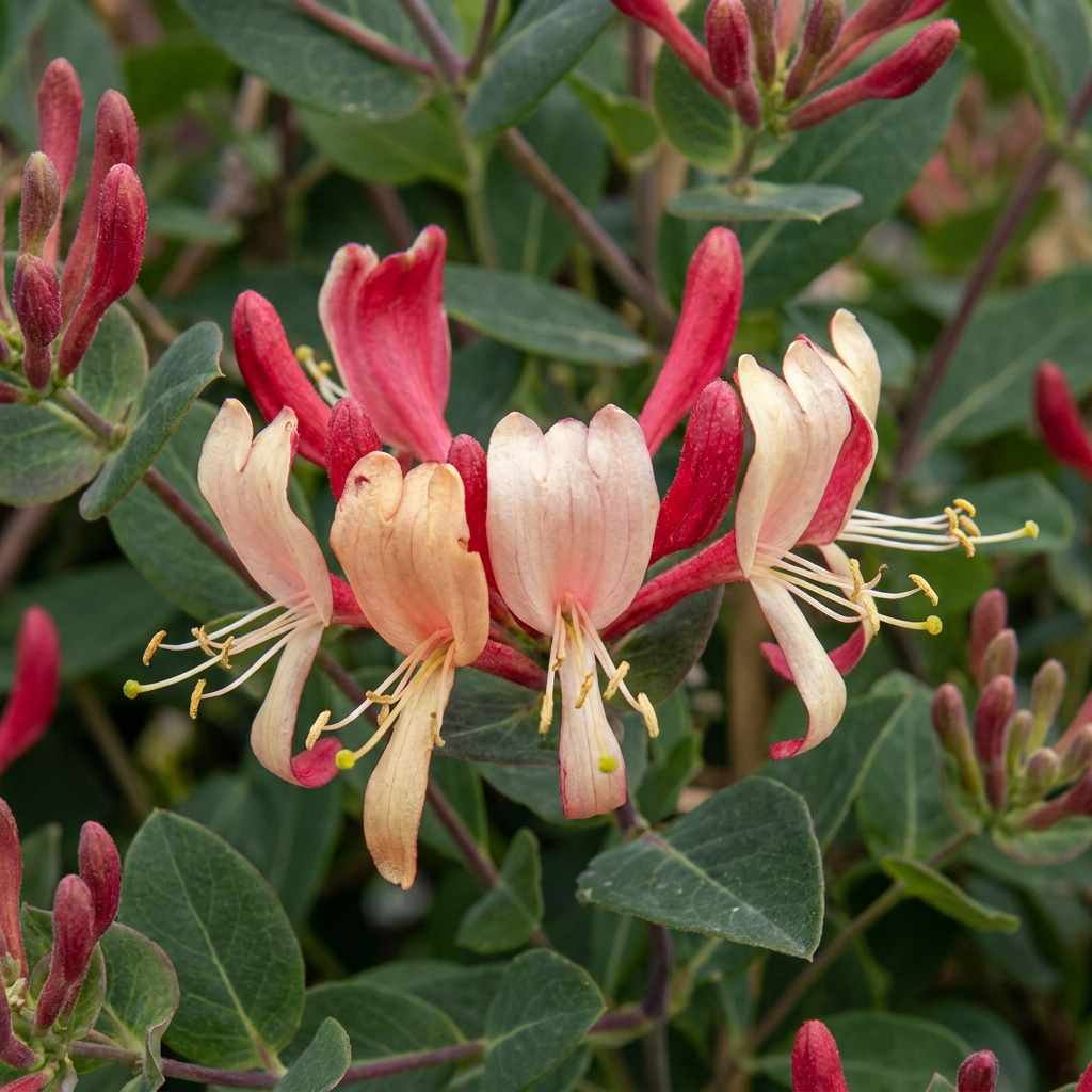 4x Lonicera per. 'Serotina' - Kamperfoelie - Paars - Geel - Klimplant - Ø9cm - ↕35cm