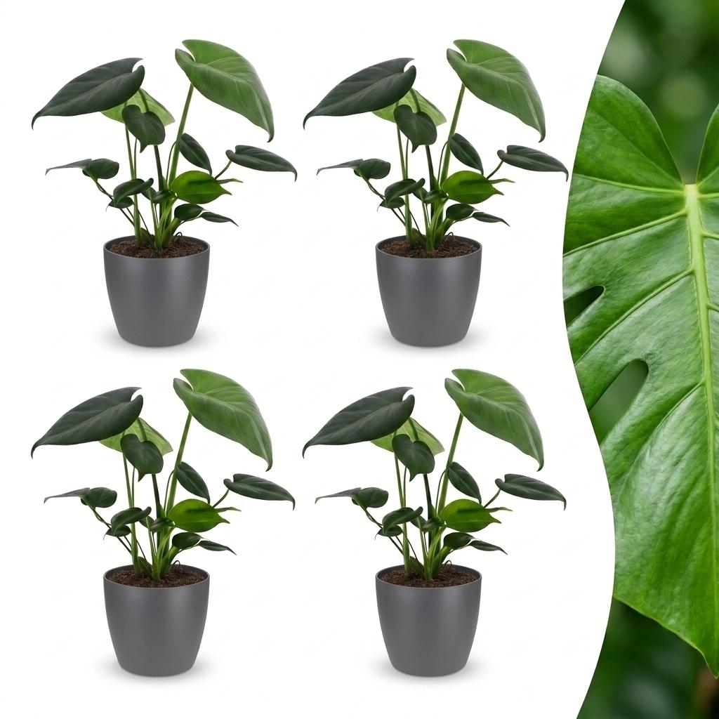 Green boutiQ - Monstera Deliciosa - Swiss Cheese Plant - 4 Plants - with Grey Pot - Pot 12cm - Height - 30cm