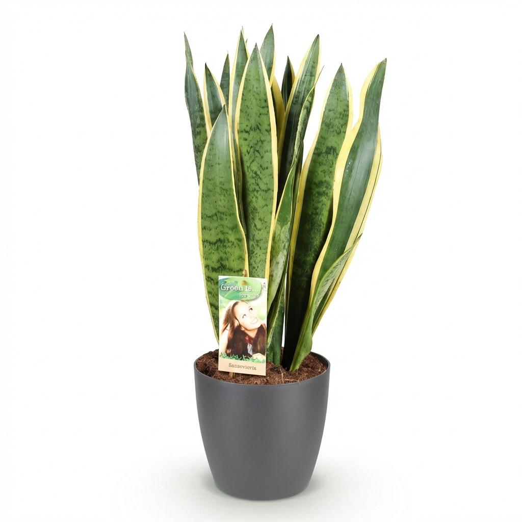 Green boutiQ - Houseplants - Sansevieria Laurentii - Snake Plant - Low maintenance - Green - yellow - 1 Plant - with Potter Grey - Pot 21cm - Height 70-80cm