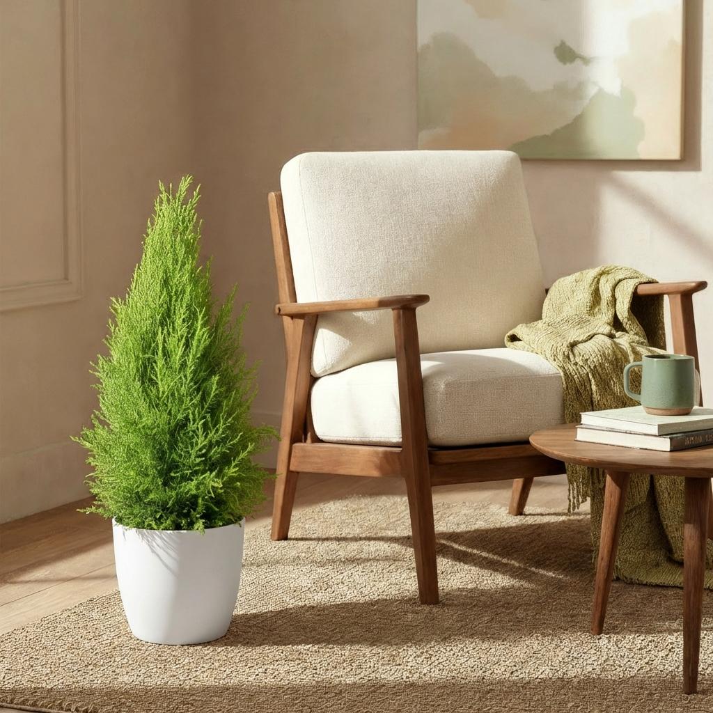 Green boutiQ - Houseplants - Cupressus Gold Crest Wilma - House conifer - Low maintenance - Green - 1 Plant - with Potter White - Pot 21cm - Height 85-95cm