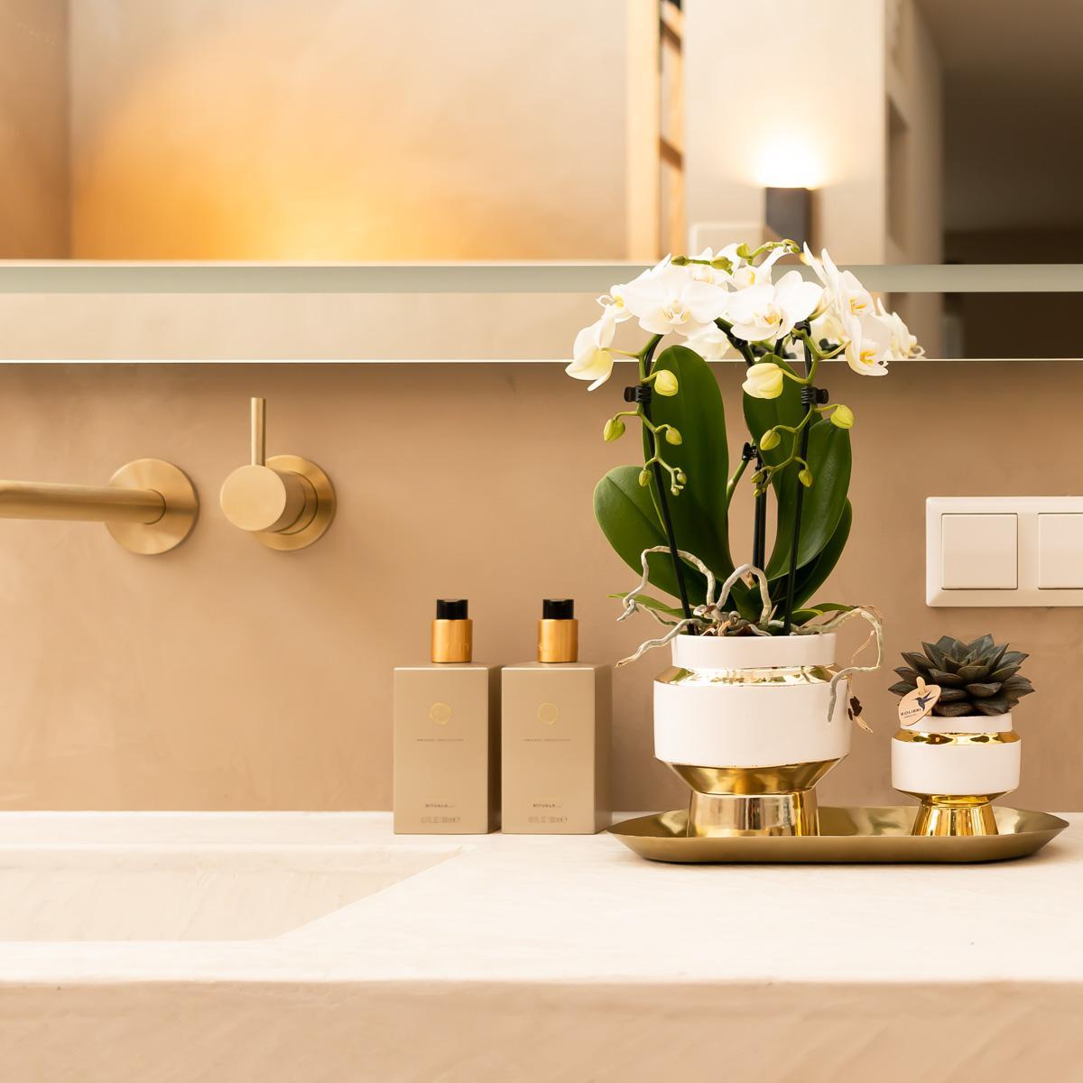 Kolibri Home | Le Chic bloempot - Witte keramieken sierpot met gouden details - potmaat Ø9cm
